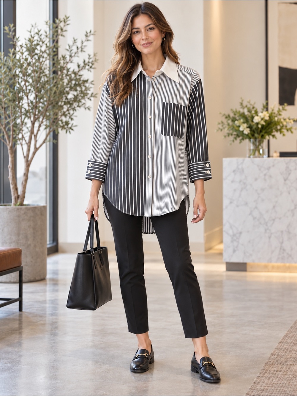Banana Republic Mixed Stripe Oversized Button Down Shirt Fold-Back Cuffs M